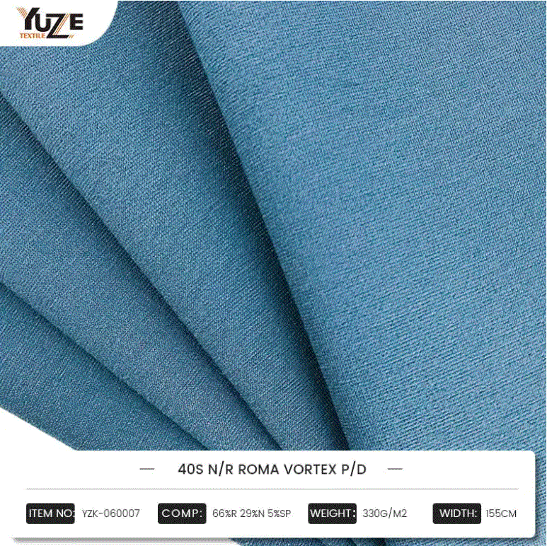 YZK-060007 40S N/R ROMA VORTEX P/D: Kombinerer høyytelsesblandinger av Rayon, Nylon og Spandex, Virvel Vortex Spinning Technology skaper et holdbart og behagelig motevalg